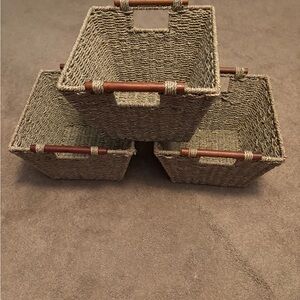 Gently Used Woven Storage Baskets with Wooden Handles